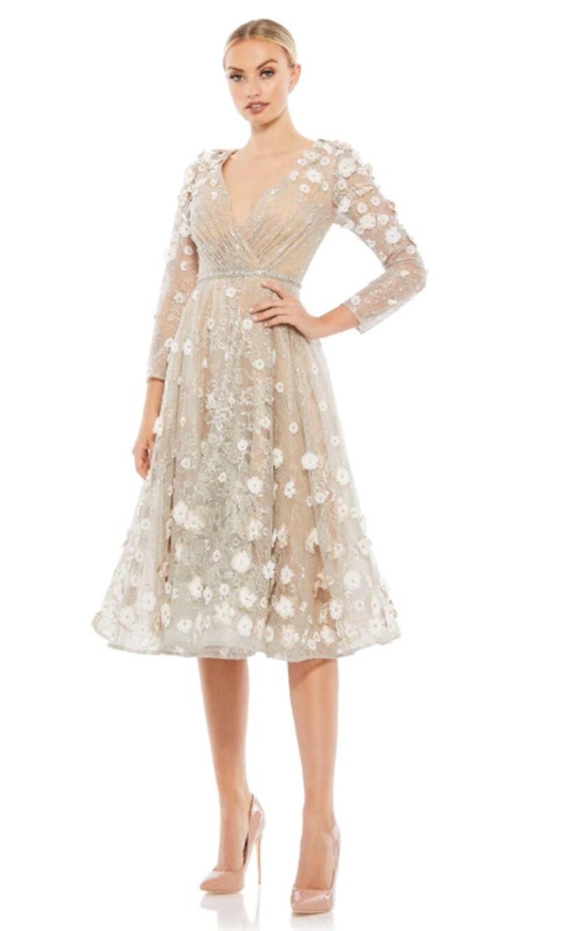 Mac Duggal 6 beige blush Floral Embellished Lace A-line cocktail dress formal